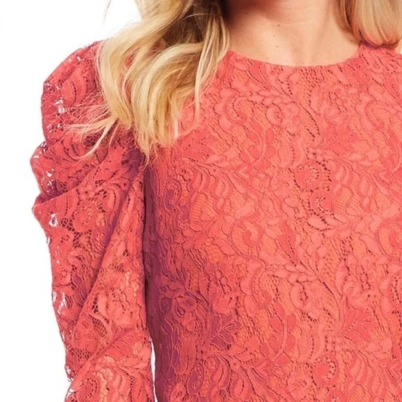 Vince Camuto Bright Coral Red Puff Sleeve MIDI Dress NWT - Picture 4 of 13